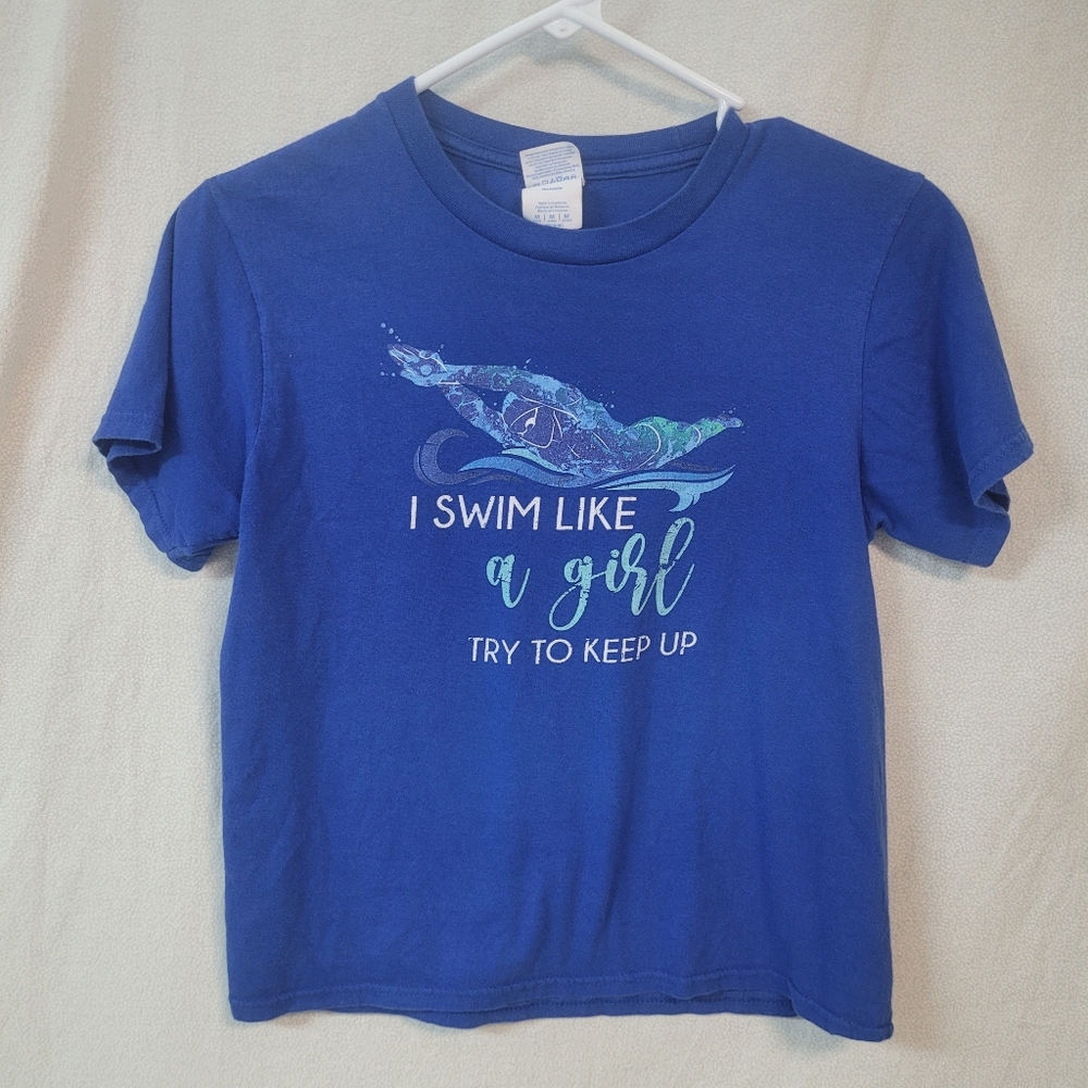 I Swim Like A Girl, Try To Keep Up, Blue Graphic T-Shirt, Youth MED